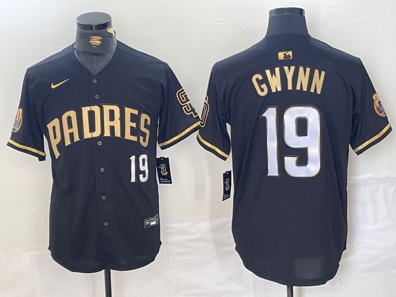 Men San Diego Padres 19 Gwynn Black gold #5 th generation Nike 2024 MLB Jersey style 1
